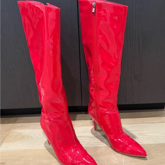 Red Patent Leather Knee-High Boots - Picture 2 of 6